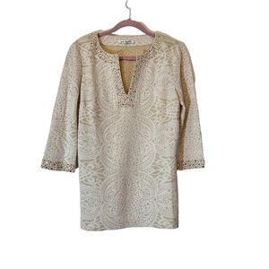 Vintage St. John sz small embellished top v neck cream gold